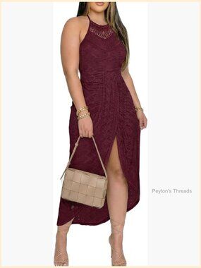 Plus Size Halter Dress Sleeveless Eye Embroidered Maxi with Tie Neck